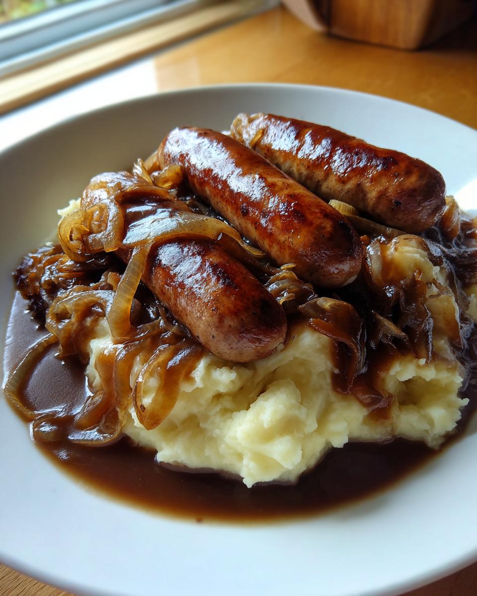 Three browned sausages served over creamy mashed potatoes topped with caramelized onions and rich onion gravy for bangers and mash with onion gravy.