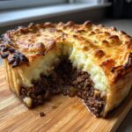 A cross-section view of an amazing bangers and mash pie showing rich sausage filling beneath a golden, fluffy mashed potato topping.