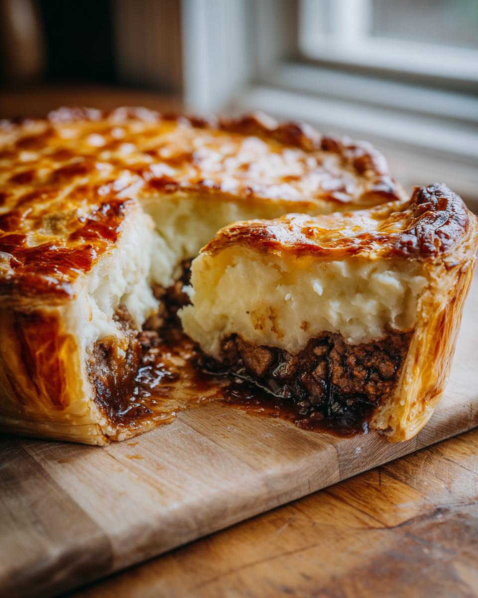 A golden-crusted bangers and mash pie with a slice removed, showing rich sausage filling and creamy mashed potato topping.