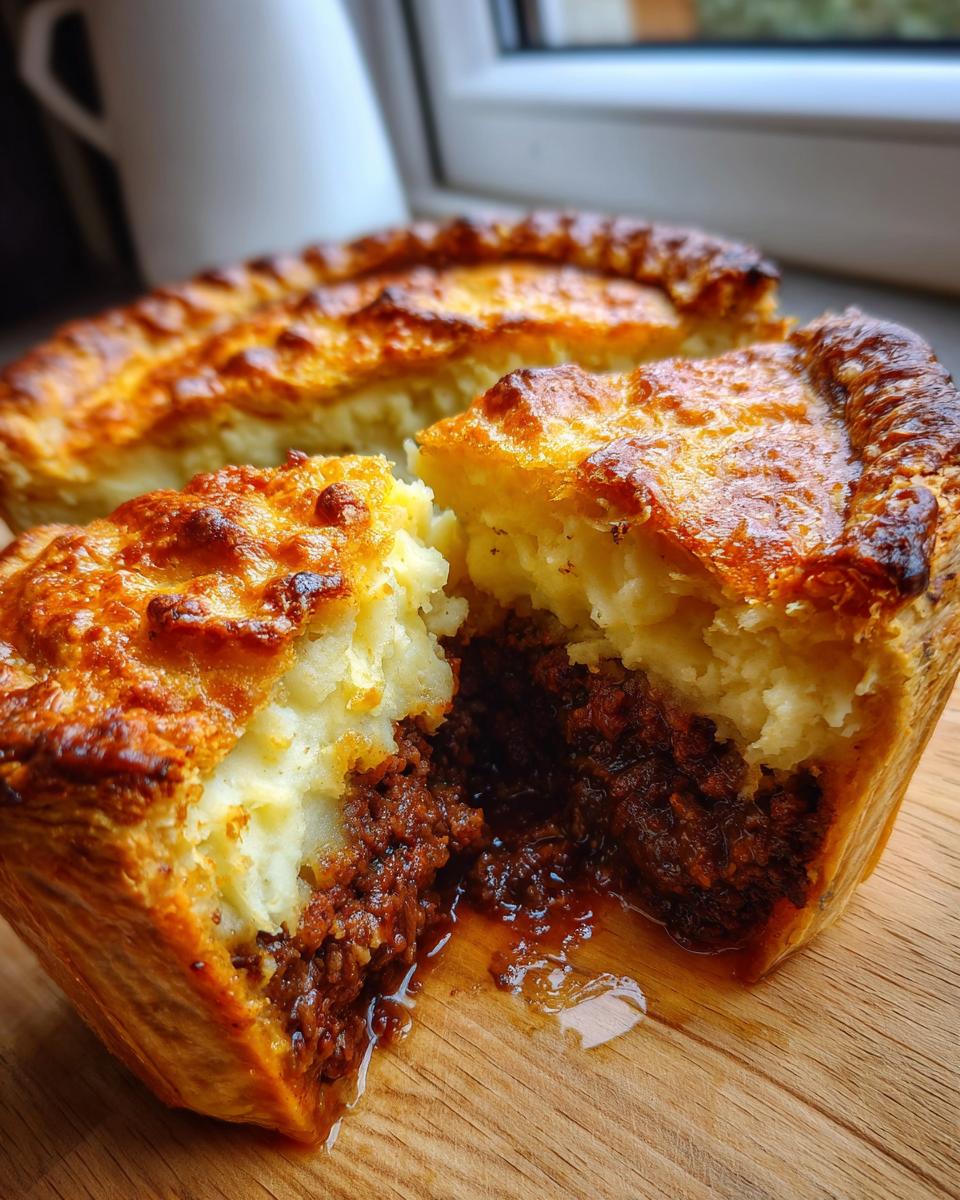 A close-up of a bangers and mash pie cut in half, showing rich sausage filling topped with fluffy mashed potato.