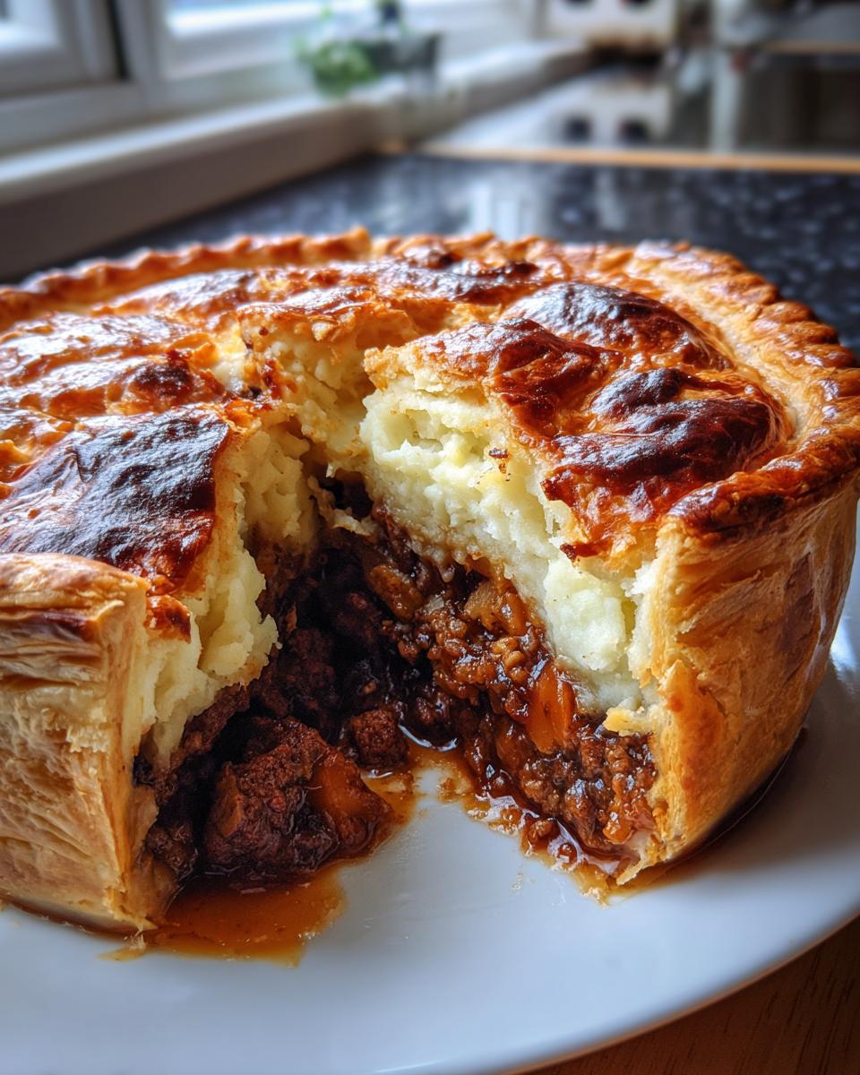 A close-up of a bangers and mash pie with a slice removed, showing the rich sausage filling and mashed potato topping.