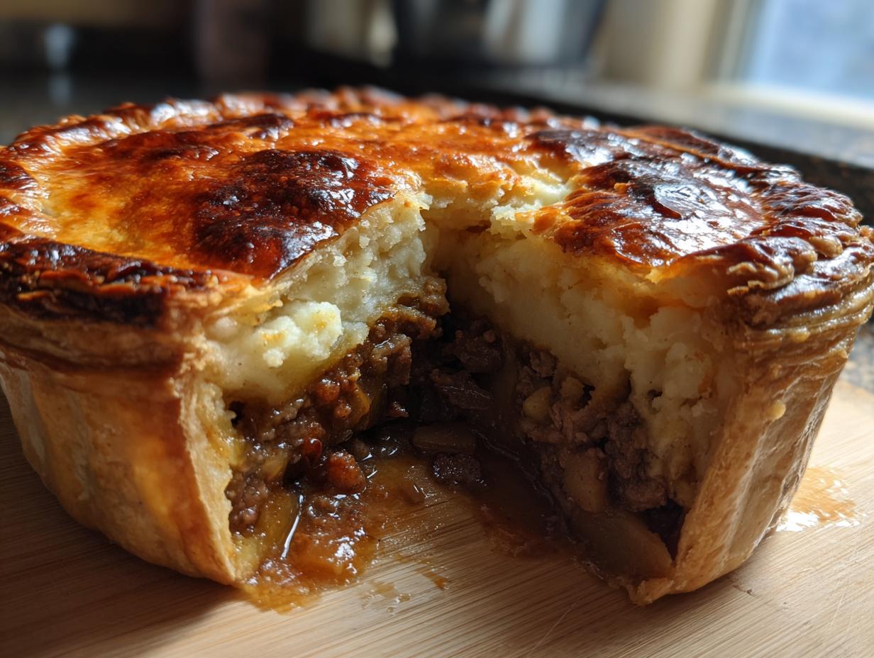 Close-up of a bangers and mash pie cut open, showing a rich meat filling beneath a layer of mashed potato and golden pastry.