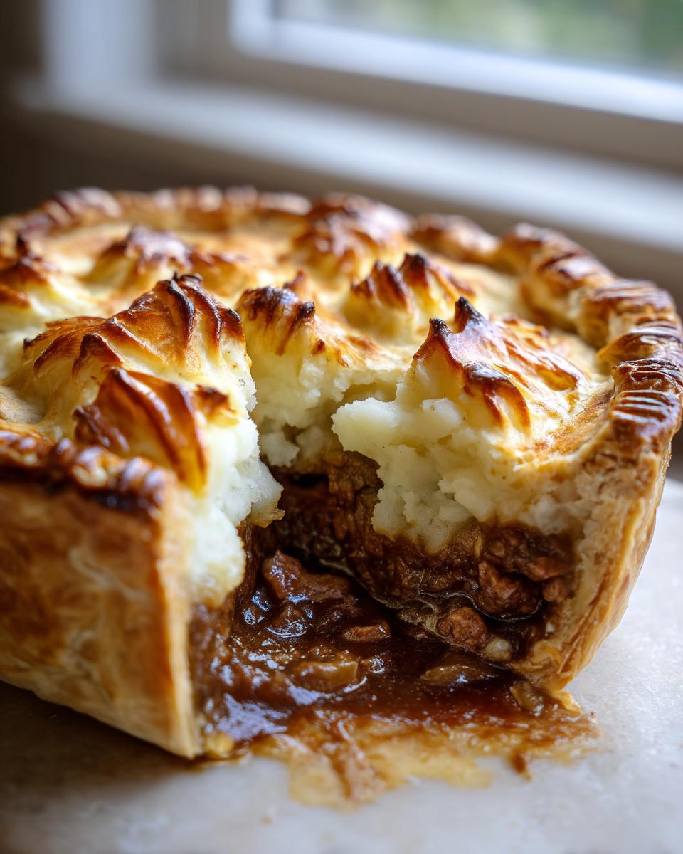 Close-up of a bangers and mash pie with a section cut out, showing rich gravy and sausage filling under browned mashed potato.
