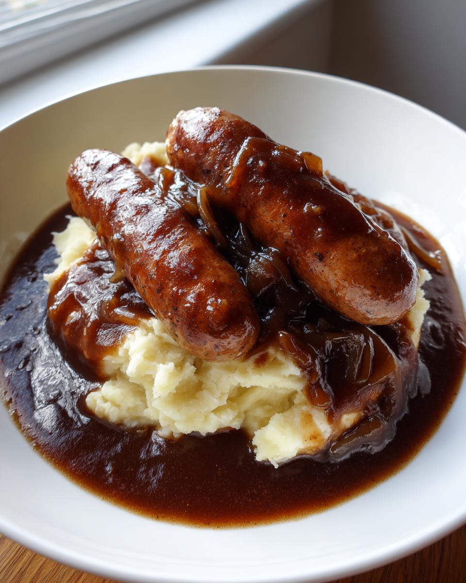 Two browned sausages served over mashed potatoes, smothered in rich onion gravy for classic bangers and mash.