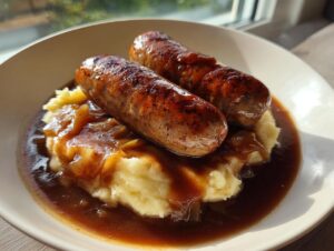Two browned sausages served over creamy mashed potatoes smothered in onion gravy, classic bangers and mash.