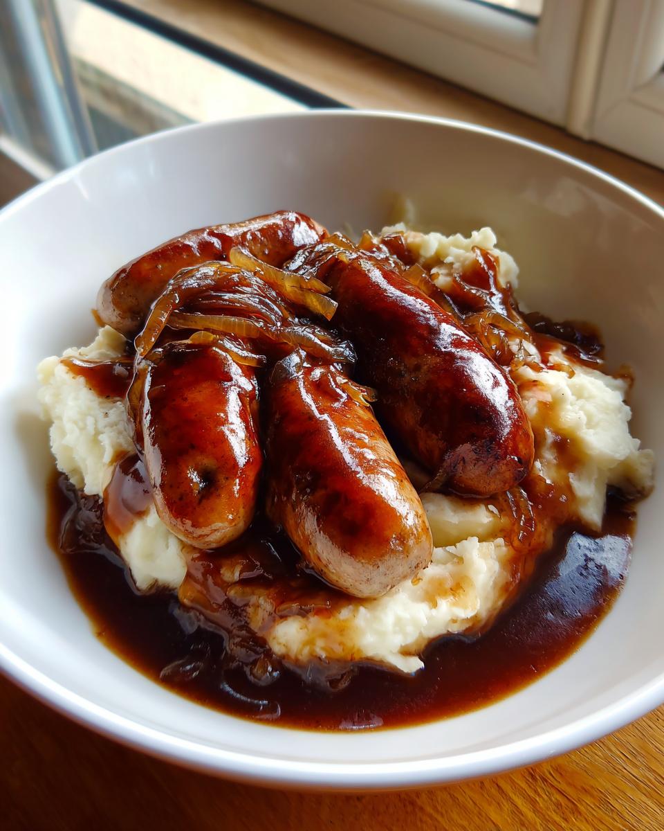 A white bowl filled with creamy mashed potatoes topped with browned sausages and rich onion gravy, ready to eat.