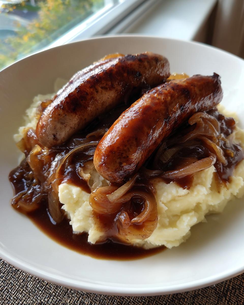 Two browned sausages served over creamy mashed potatoes topped with caramelized onions and rich onion gravy, classic bangers and mash.