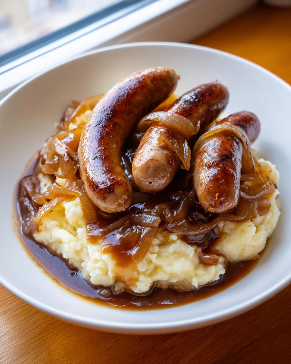 Three grilled sausages served over creamy mashed potatoes with caramelized onions and rich onion gravy, a classic bangers and mash with onion gravy.