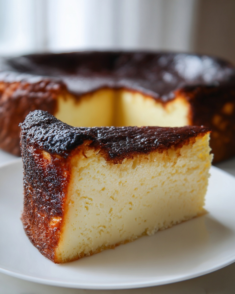 A close-up slice of creamy Basque cheesecake showing its signature dark, caramelized top.