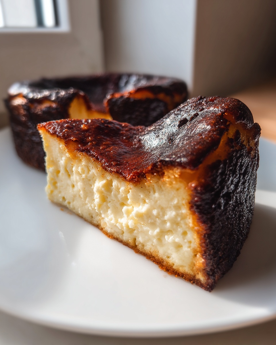 A close-up slice of creamy Basque cheesecake showing its signature dark, caramelized crust.