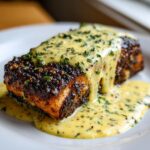 A thick fillet of blackened salmon generously topped with creamy dijon sauce and fresh parsley.