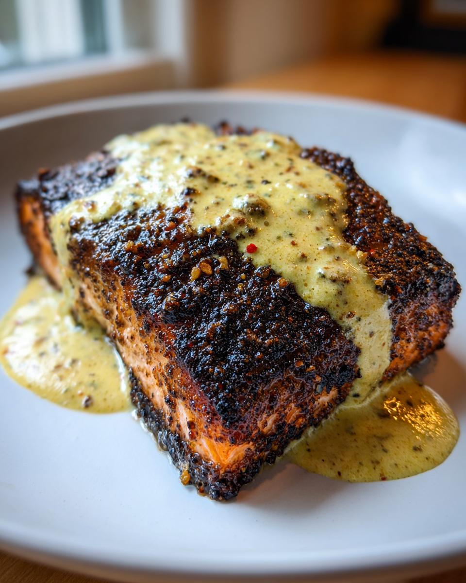 A thick fillet of blackened salmon topped generously with creamy Dijon sauce, served on a white plate.