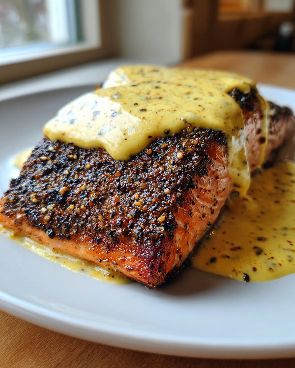 Close-up of a perfectly cooked blackened salmon fillet generously topped with creamy dijon sauce.