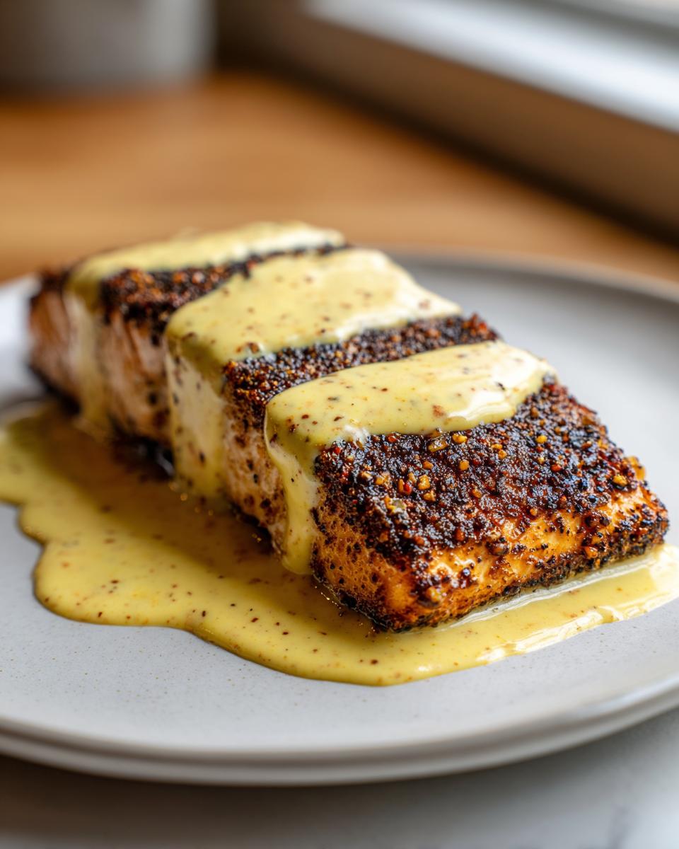 A perfectly cooked piece of blackened salmon drizzled generously with creamy Dijon sauce on a light gray plate.