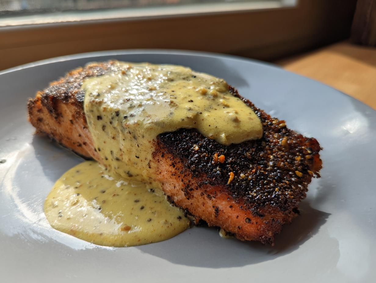 A perfectly cooked piece of blackened salmon topped with creamy dijon sauce on a light gray plate.