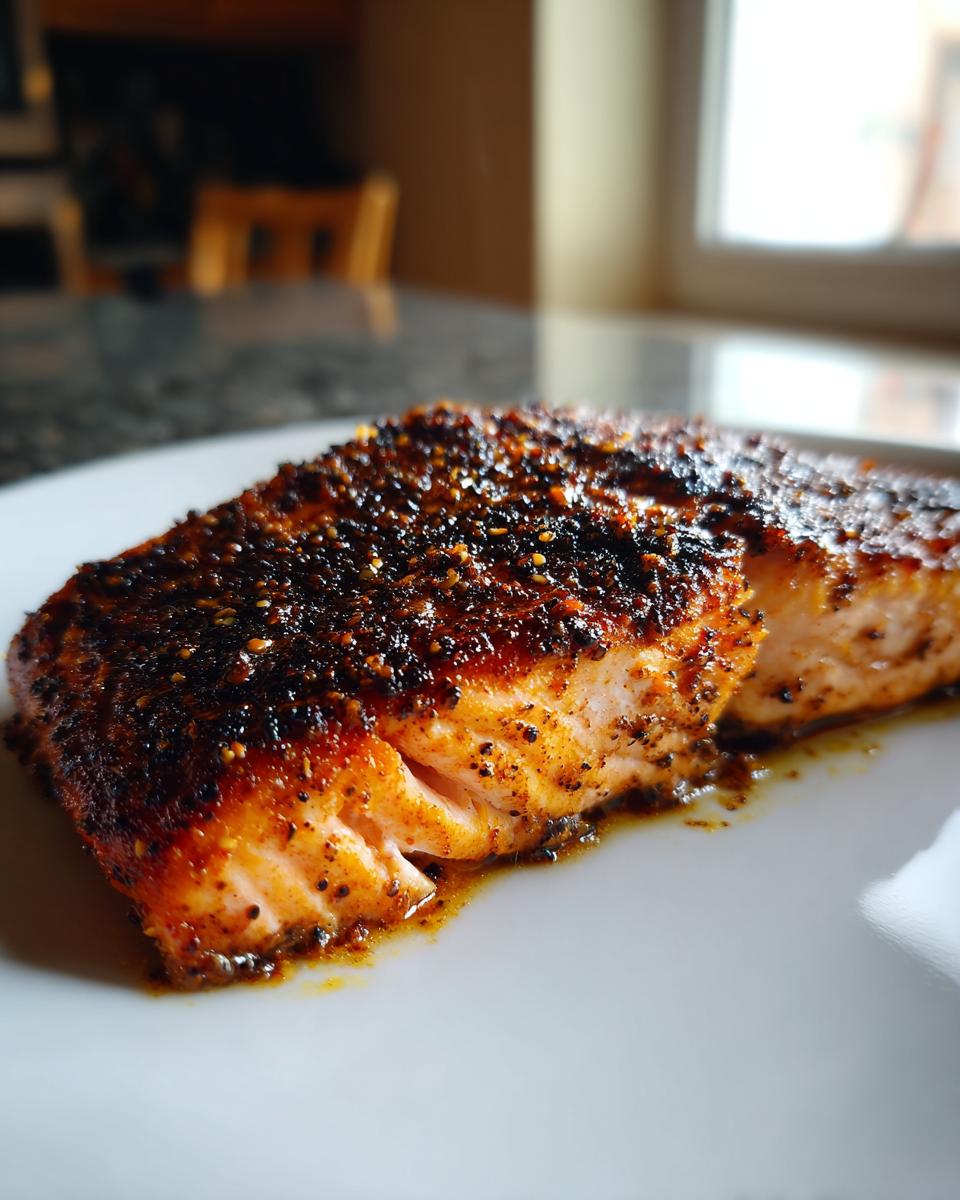 Close-up of a perfectly cooked blackened salmon fillet with a dark, spicy crust on a white plate.