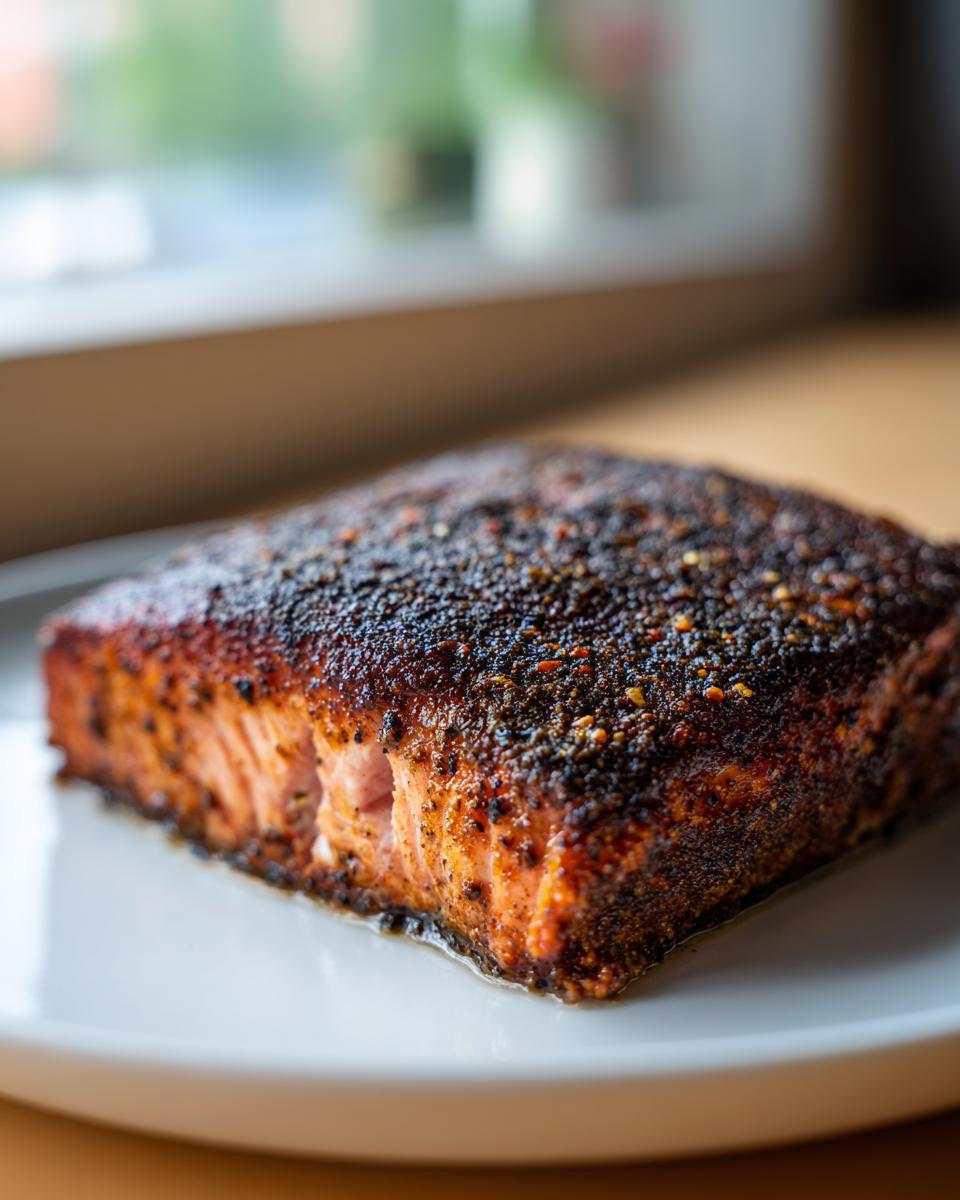 Close-up of a thick, perfectly cooked piece of blackened salmon resting on a white plate.