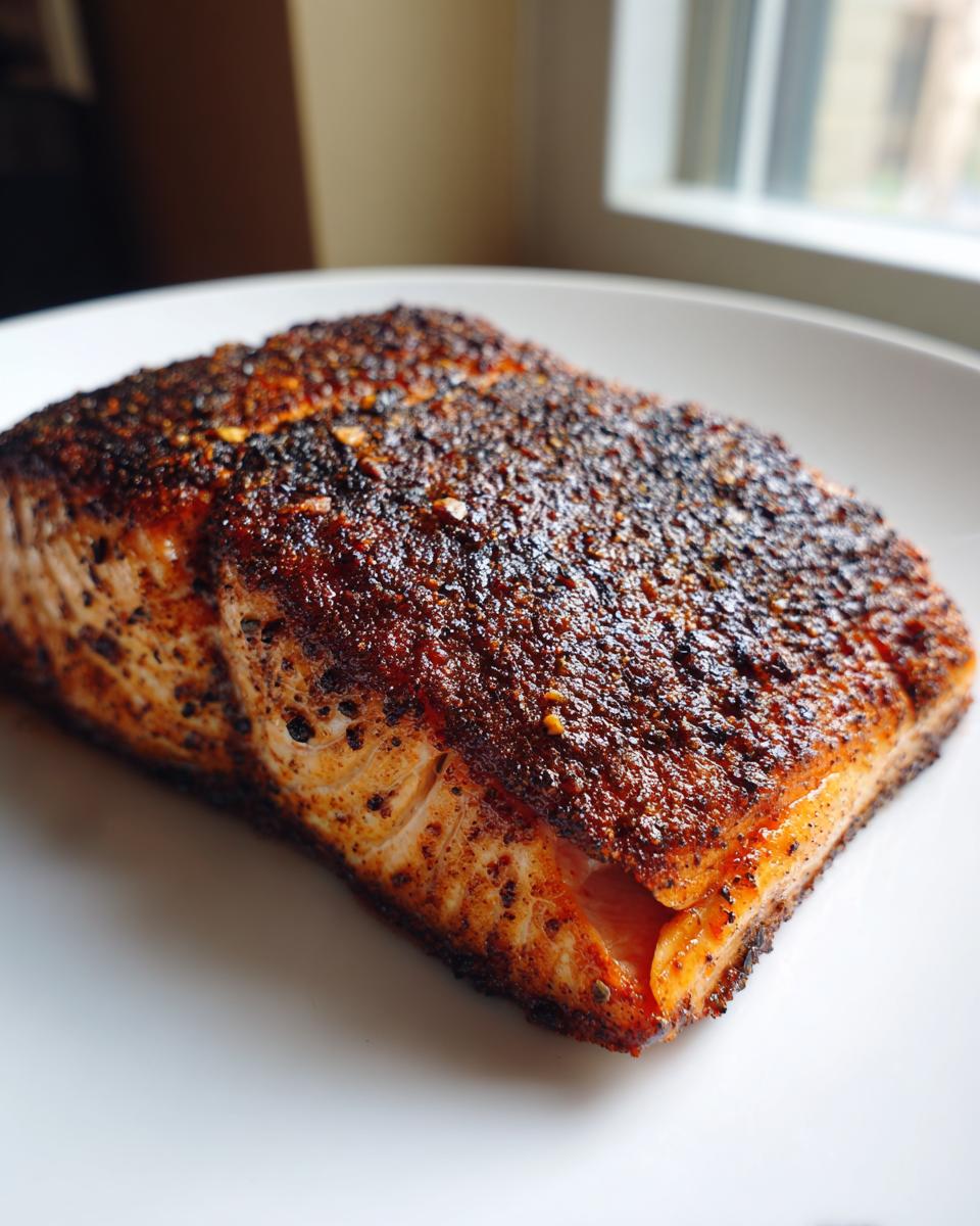 A close-up shot of a thick, perfectly cooked blackened salmon fillet with a dark, spicy crust resting on a white plate.