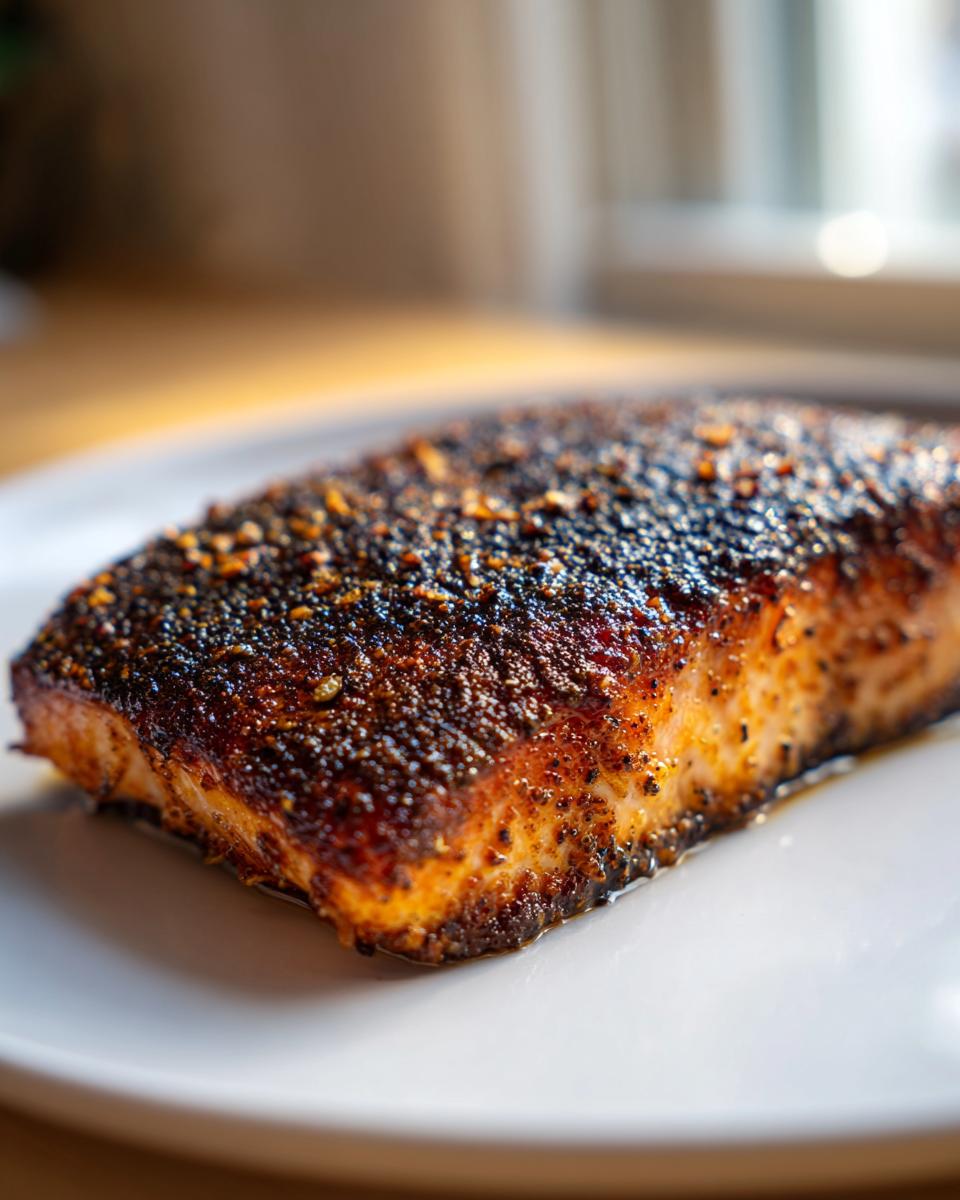 Close-up of a thick fillet of blackened salmon with a dark, spicy crust served on a white plate.