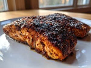 Two perfectly cooked fillets of blackened salmon resting on a white plate, showing a dark, spiced crust.