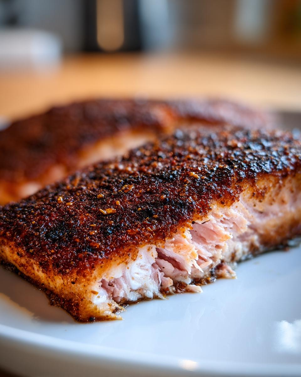 Close-up of flaky salmon fillet showing the dark, crusty blackened salmon seasoning on top and moist interior.