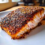 Close-up of a perfectly cooked salmon fillet generously coated with blackened salmon seasoning on a white plate.