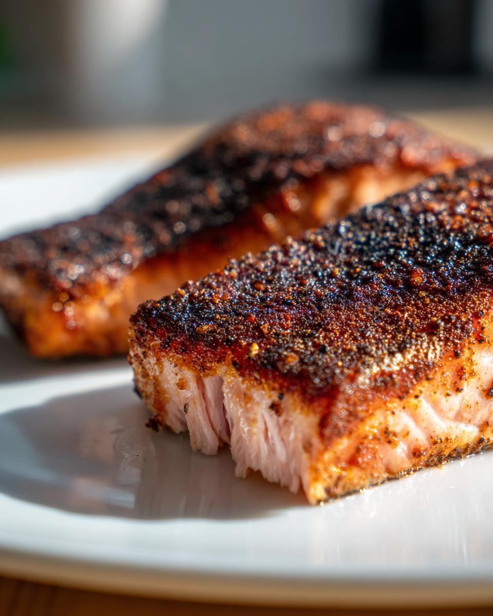 Close-up of a perfectly cooked salmon fillet showcasing a dark, crusty blackened salmon seasoning layer.