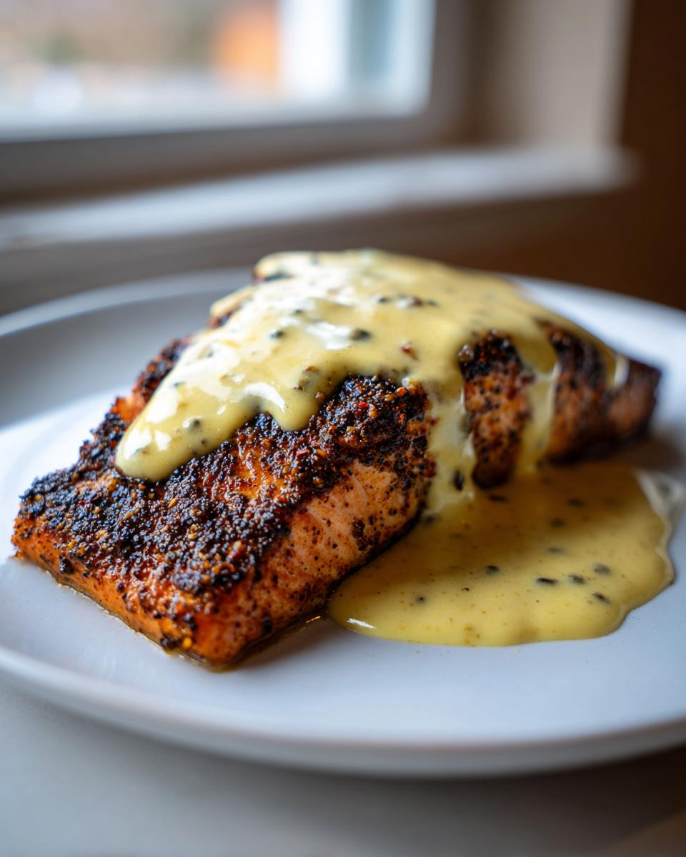 A perfectly cooked piece of blackened salmon topped generously with creamy dijon sauce.