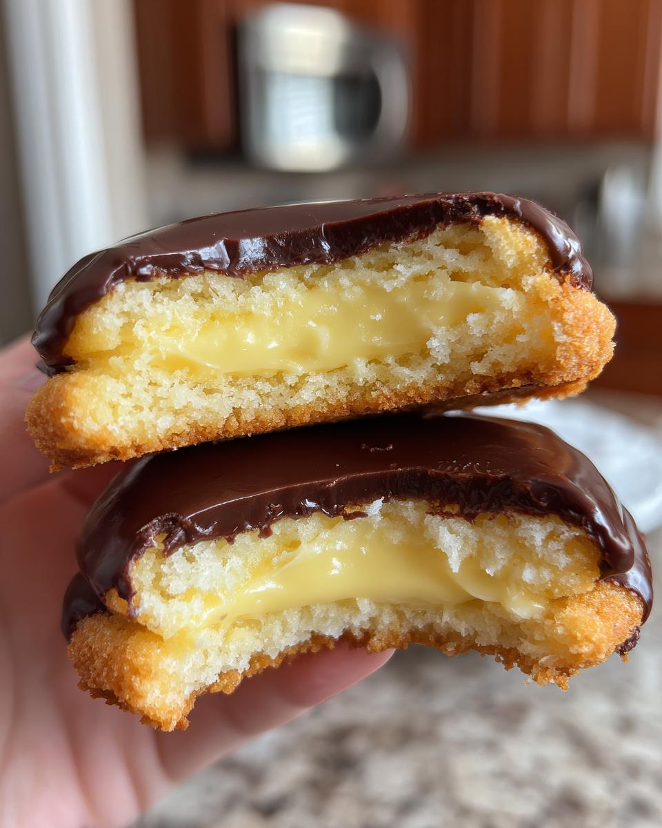 A close-up of boston cream pie cookie bites cut in half, showing vanilla cake, yellow cream filling, and chocolate ganache.