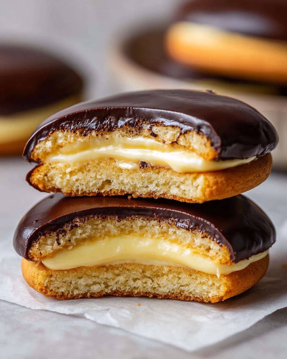Two halves of a boston cream pie cookie bites stacked, showing vanilla cream filling and chocolate glaze.