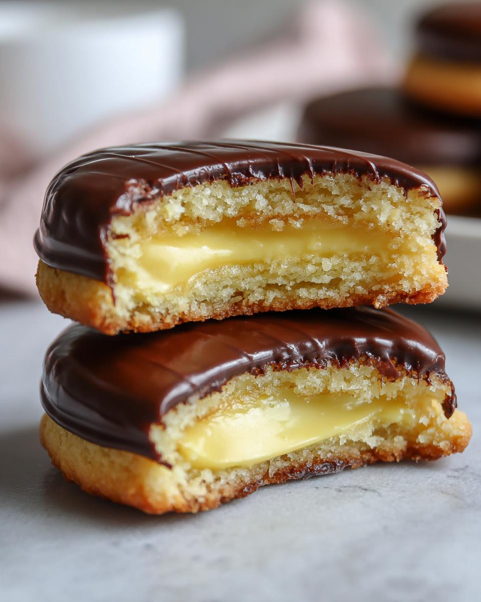 Two halves of a boston cream pie cookie bite stacked, showing the vanilla cream filling and chocolate glaze.