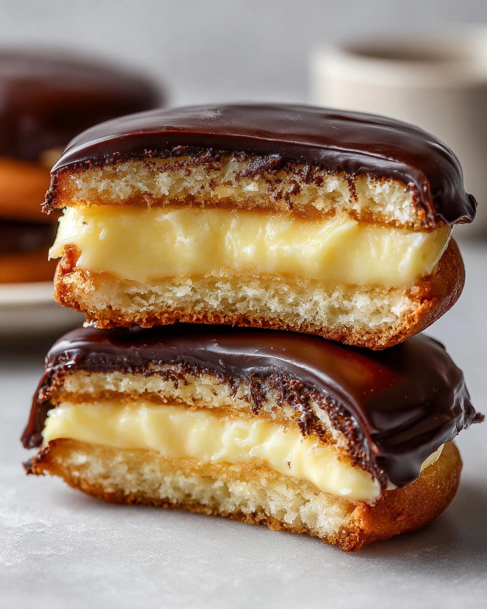 Close-up of two stacked boston cream pie cookie bites cut in half, showing vanilla cream filling and chocolate glaze.