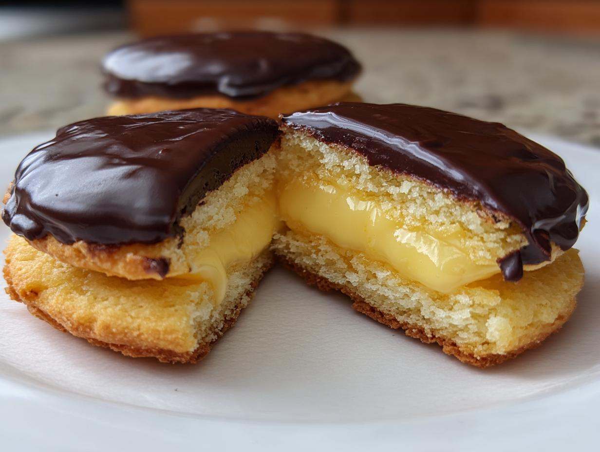 Close-up of a boston cream pie cookie bite cut in half, showing vanilla filling and chocolate glaze.