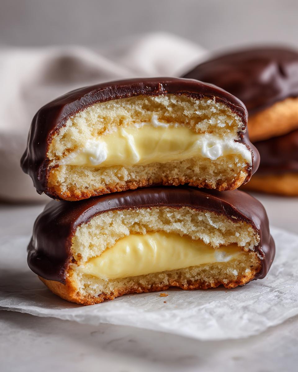 Two halves of a boston cream pie cookies stacked, showing vanilla cream filling and chocolate glaze.