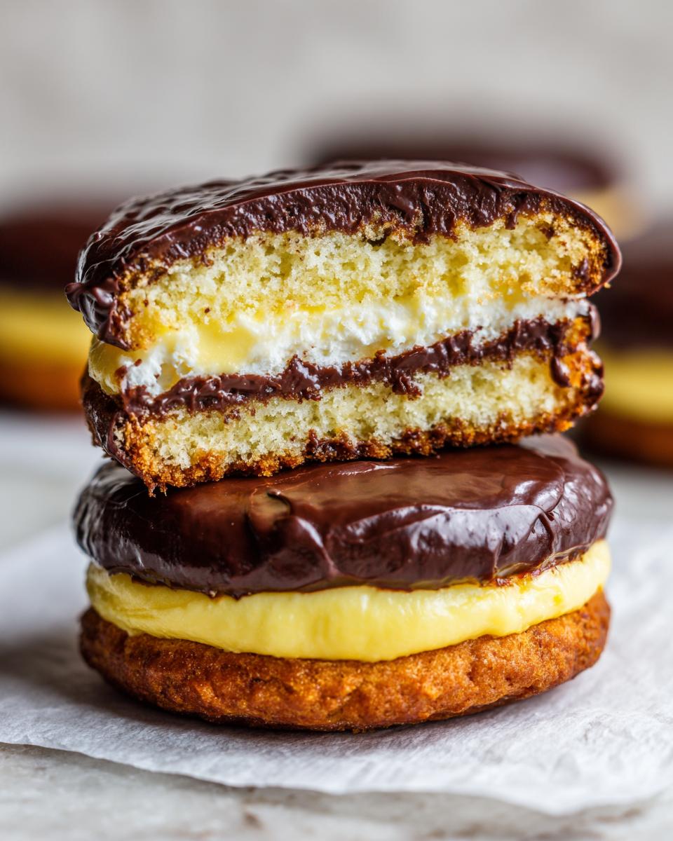 Close-up of stacked boston cream pie cookies, showing the vanilla cake, pastry cream, and chocolate glaze layers.
