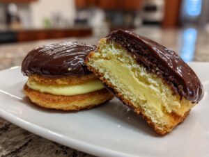 Two boston cream pie cookies on a white plate, one cut in half revealing vanilla cream filling and chocolate glaze.