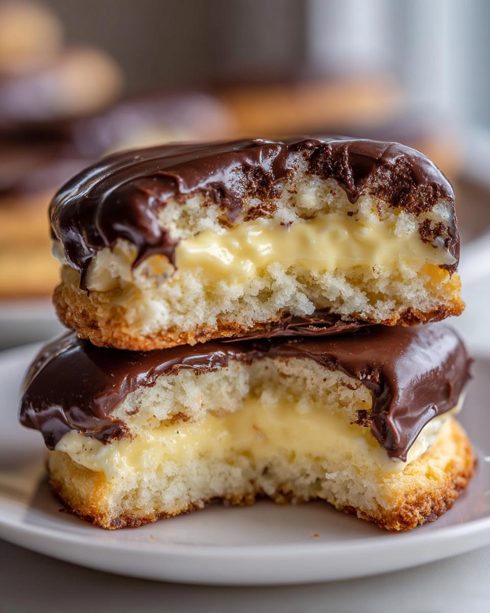 Two halves of a boston cream pie cookies stacked, revealing vanilla pastry cream filling and chocolate ganache topping.
