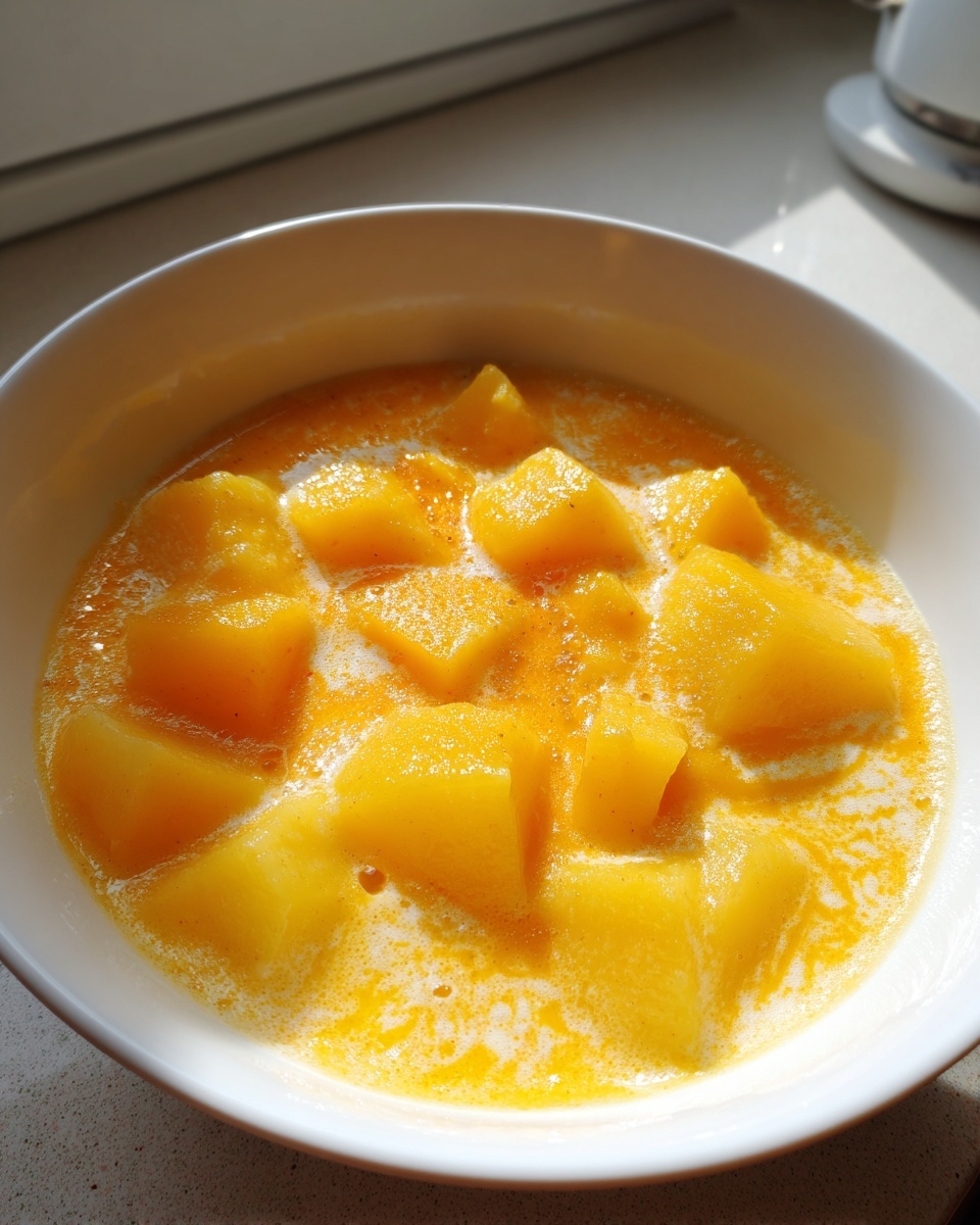 Close-up of a white bowl filled with bright yellow cheese soup containing large, soft chunks of potato or vegetable.