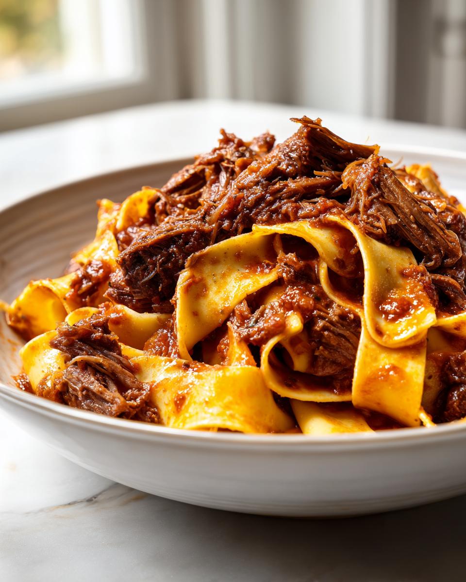 Close-up of rich braised short rib pappardelle pasta coated in a dark red sauce, served in a white bowl.