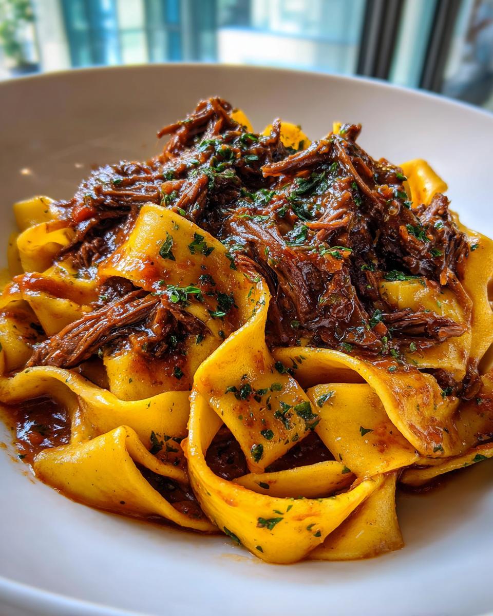 Close-up of rich braised short rib pappardelle pasta topped with fresh parsley in a white bowl.