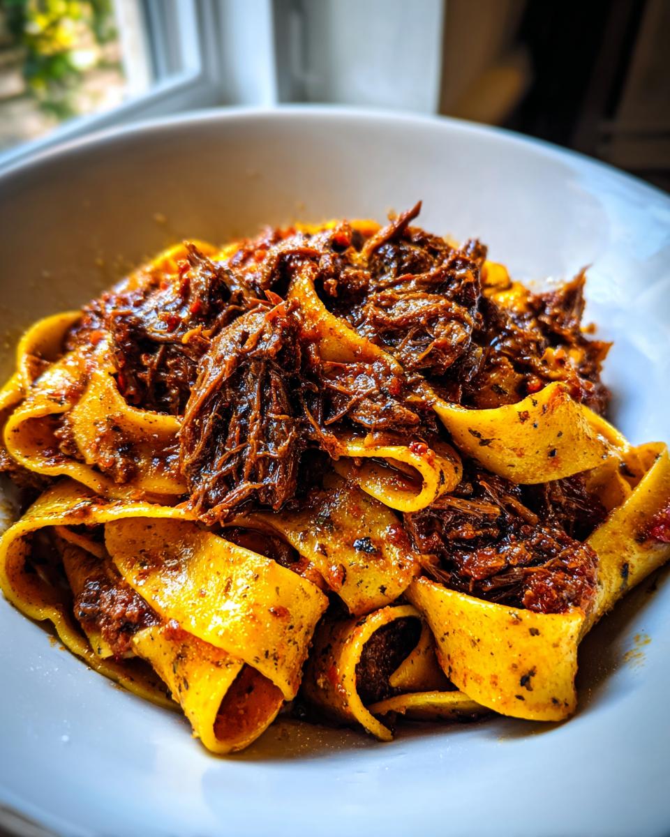 Close-up of rich braised short rib pappardelle pasta coated in a dark, savory sauce.