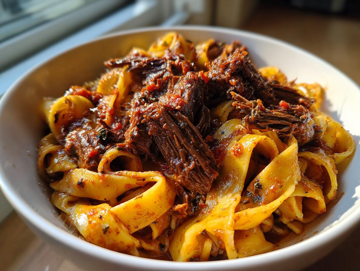 Close-up of rich braised short rib pappardelle tossed in a savory red sauce, served in a white bowl.
