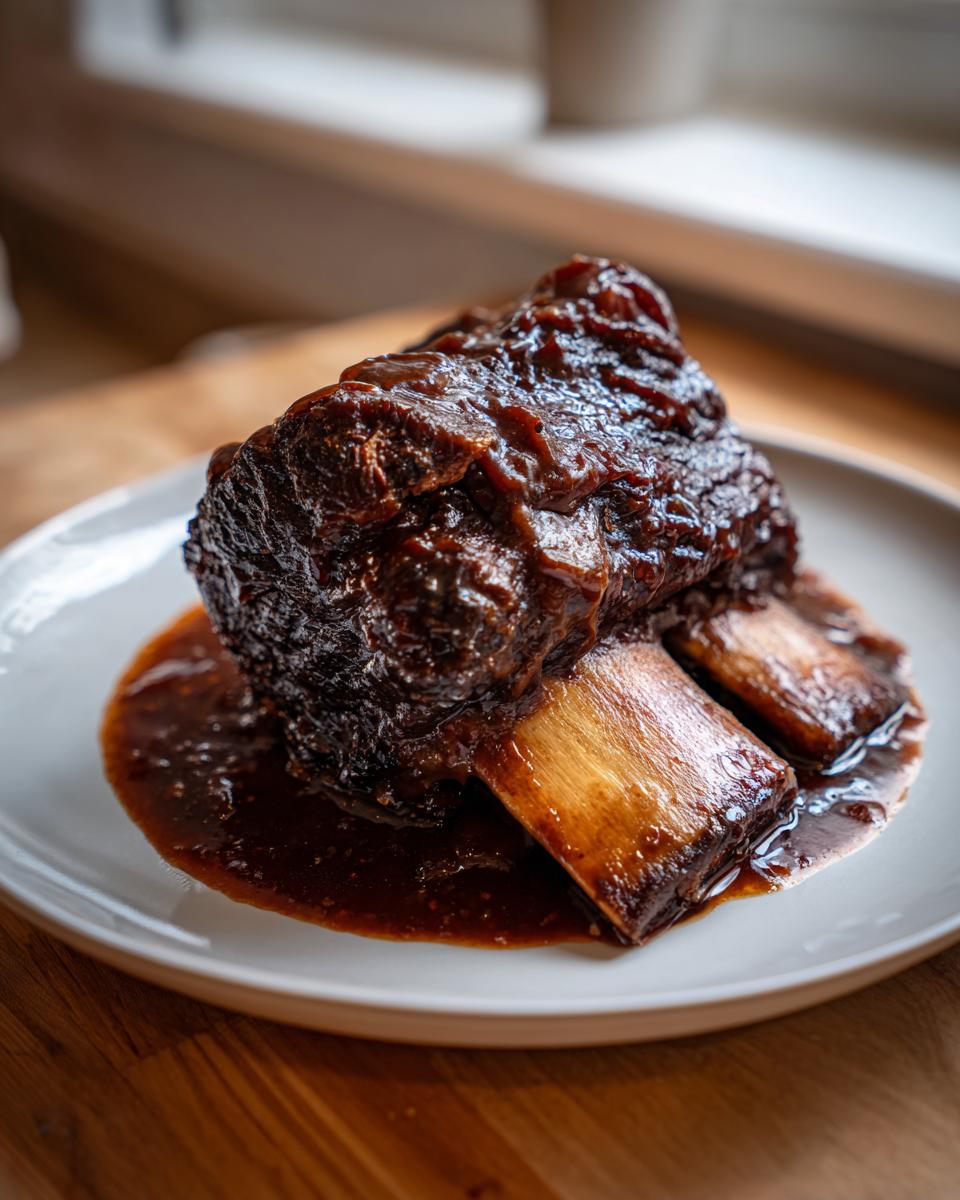 Close-up of a single, tender braised short ribs dutch oven serving covered in rich, dark glaze on a white plate.