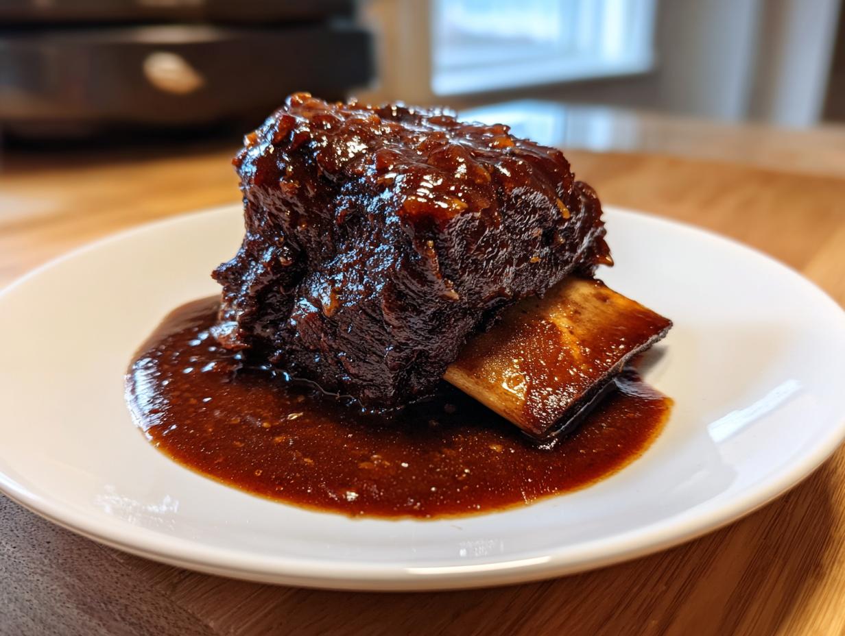 A single, tender braised short ribs dutch oven portion covered in a rich, dark glaze resting in sauce on a white plate.