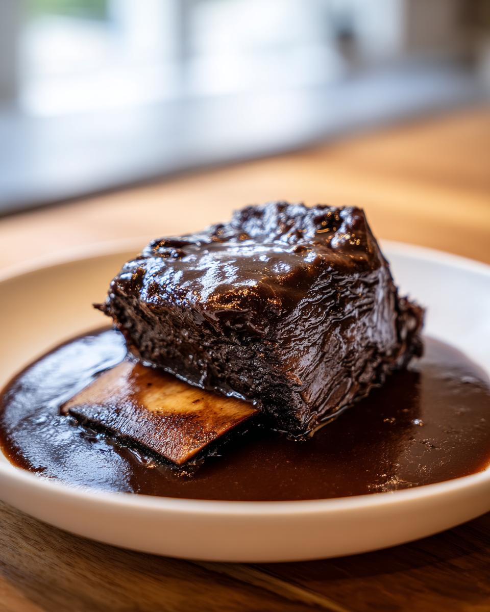 A single, rich, dark braised short ribs dutch oven portion covered in thick sauce, resting on the bone in a pool of gravy.