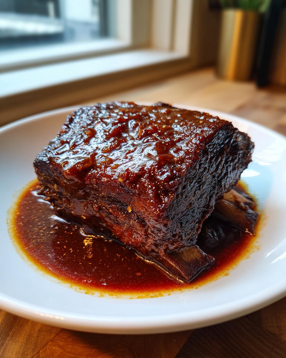 A single, perfectly glazed braised short ribs dutch oven portion resting in rich sauce on a white plate.