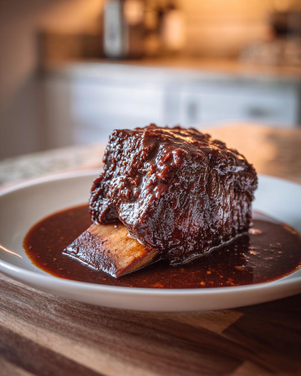 A single, tender braised short ribs dutch oven served on a white plate swimming in rich, dark sauce.