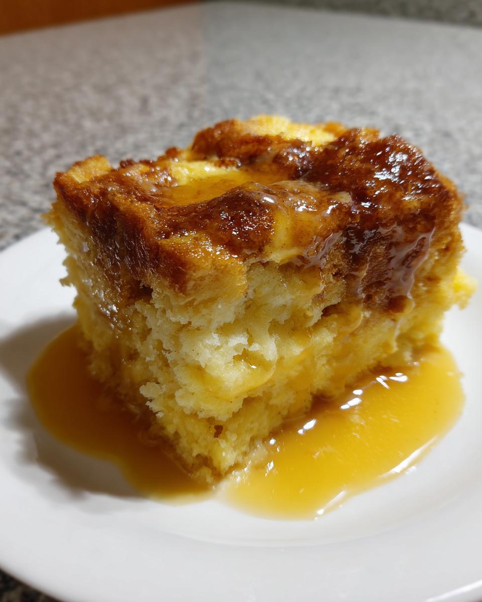 A square slice of moist bread pudding with bourbon sauce drizzled over the top and pooling on the white plate.