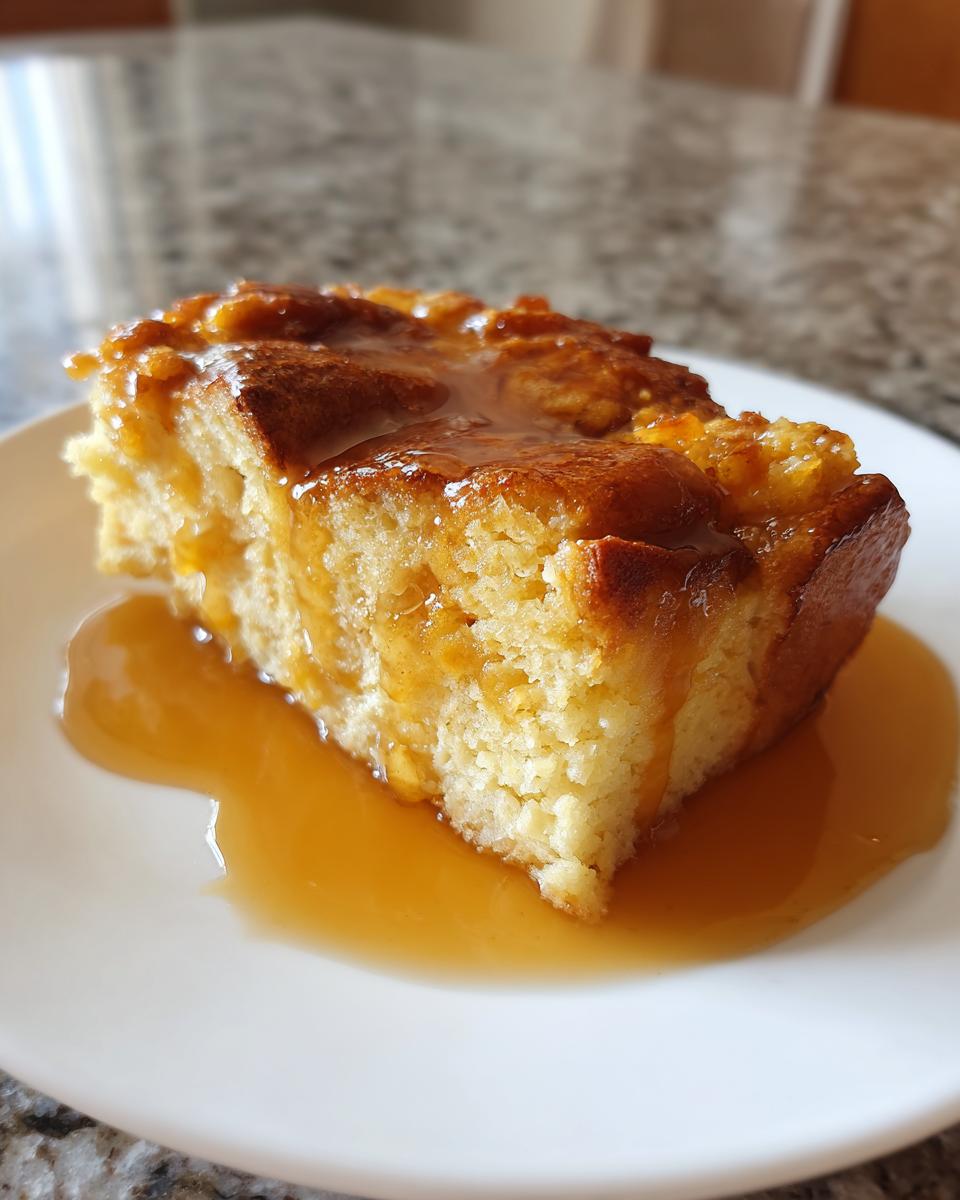 A square slice of moist bread pudding with bourbon sauce generously poured over the top and pooled on the white plate.