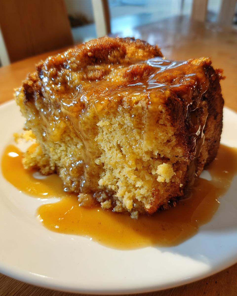 A close-up of a moist slice of bread pudding with bourbon sauce generously drizzled over the top.